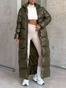 EURMUSE Women's Unique Design Drawstring Sleeve Padded Warm Puffer Long Down Coat - Army Green - View 7