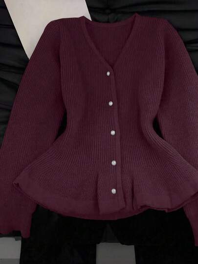 GlowEve Damen einfarbiger Langarm-Cardigan mit Rüschensaum, Herbst/Winter