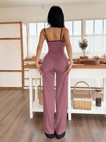 Lace Panel Cami Top And Pants Women Pajama Set - Purple - View 2