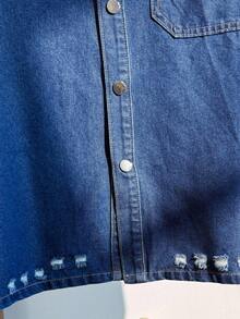 Manfinity VCAY 男士夏季短袖单排扣休闲口袋牛仔衬衫 - 藍色 - 查看 5