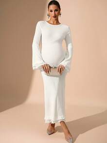 MaterniChic 秋冬孕妇装 孕妇毛衣裙 罗纹针织裙 孕妇白色连衣裙 长款孕妇装 孕妇写真裙 白色长袖连衣裙 新年女装 派对优雅连衣裙 - 白色 - 查看 4