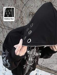 ROMWE MEN Goth Punk Street Style Hooded Zip-Up Thermal Lined Sweatshirt Jacket, Autumn/Winter - Black - View 4