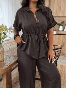 EMERY ROSE Conjunto de 2 piezas de camisa y pantalones de talla grande, unicolor, con cordón en la cintura, para vacaciones y uso casual - Marrón - Ver 6