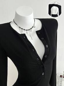 Elamini 1pc Women's Black Ribbed Knit Bodycon Mini Dress, Stretchy, Button Decor, Deep V-Neck, Hollow-Out Sexy Back, Fitted Waist, Suitable For Daily Wear, Commute, Back To School - Black - View 1