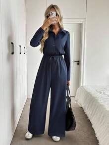 Easowa 女士休闲宽松优雅连体裤，翻领，纽扣，抽绳腰部，长袖，阔腿裤，适合通勤