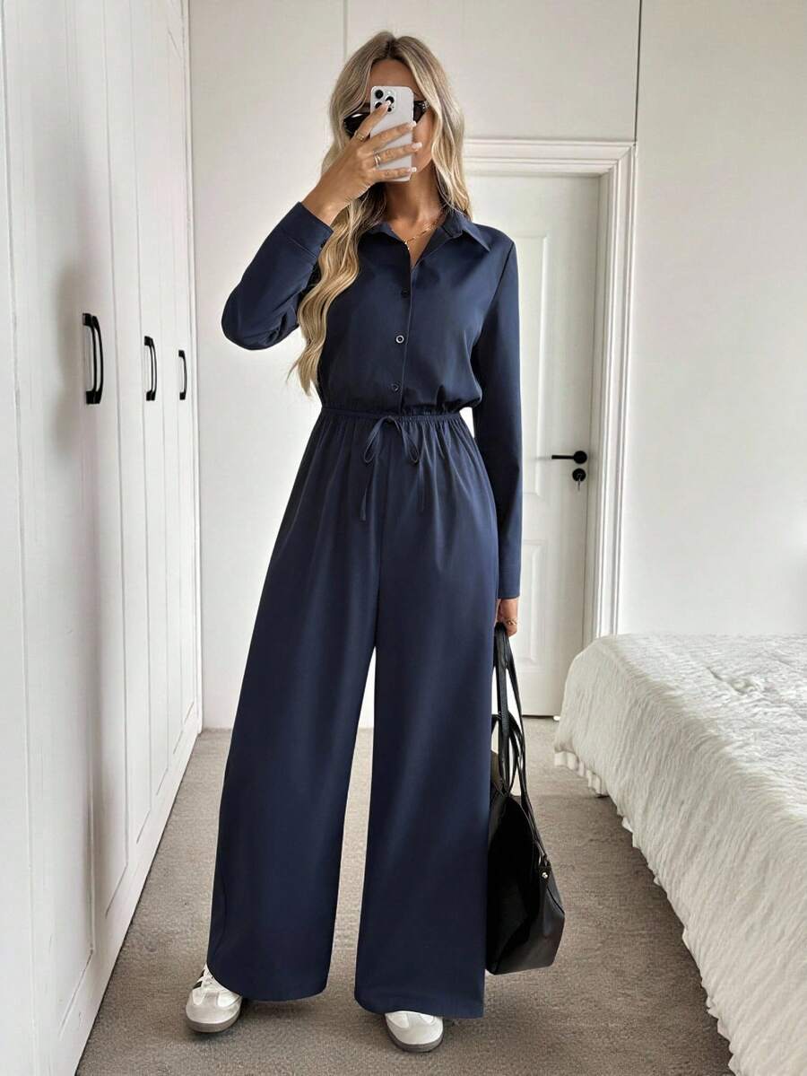 Easowa 女士休闲宽松优雅连体裤，翻领，纽扣，抽绳腰部，长袖，阔腿裤，适合通勤