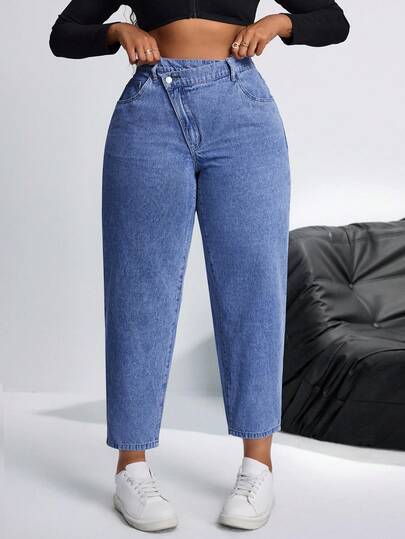 SHEIN Tall CURVE Plus Size Women Asymmetric Waist Pocket Casual Tapered Jeans