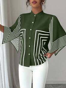 Elenzga 中式领数字几何线条印花图案，不对称袖法式优雅衬衫，适合春夏度假 - 軍綠色 - 查看 6