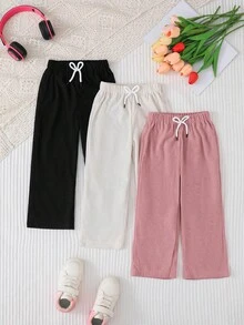 SHEIN 三件套女童休闲舒适套装，包括带蝴蝶结松紧腰带的裤子，纯色灯芯绒面料，直筒裤型，适合春秋季穿着。 - 彩色 - 查看 7