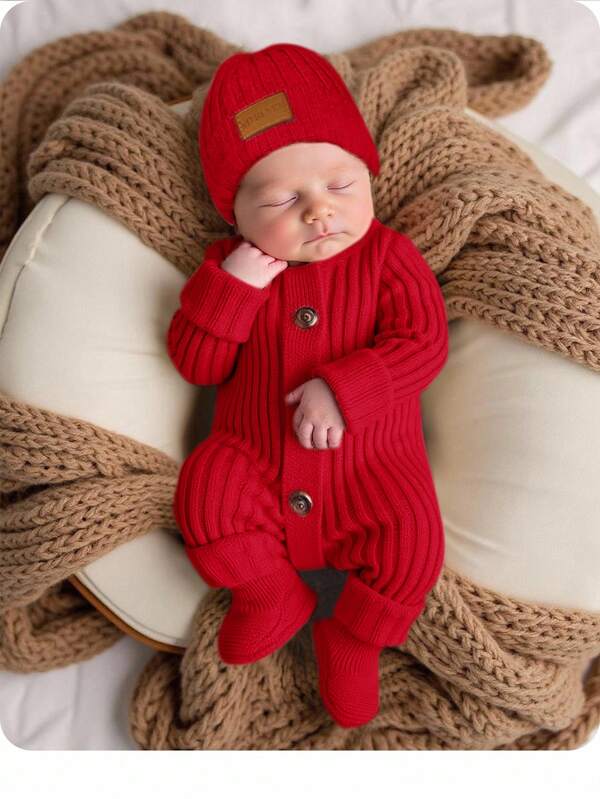 SHEIN Newborn Baby Girl Cute Knitted Jumpsuit, Footie & Hat Set, Versatile For Autumn/Winter Newborn Red Outfit Newborn Winter Outfits Newborn Sweater Romper Newborn Baby Layette Set Newborn Christmas Outfit Boy