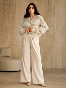 Anewsta 女士柔软蓬松流苏开衫毛衣，轻盈飘逸，适合秋季、冬季、圣诞节、新年、感恩节、外出等场合，优雅正式，时尚别致。 - 米色 - 查看 6