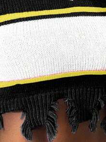 BamGleam Women's V-Neck Long Sleeve Blue & White Striped Distressed Fringe Pullover Sweater, Minimalist Sexy Street Style