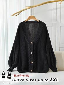 SHEIN CURVE+ Plus-Size Black Knitted Women's Sweater Cardigan, Suitable For Autumn And Winter Sweater Cardigan/Autumn /Winter, For Woman