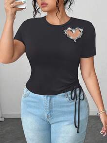 Elenzga Plus Size Round Neck Short Sleeve Casual T-Shirt With Side Tie Drawstring And Heart Shaped Pearl Decor - Dark Grey - View 5