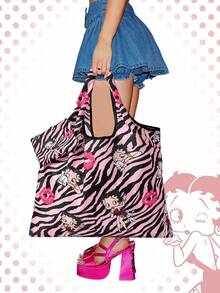 Betty Boop | ROMWE Large Capacity Foldable Tote Bag With Coin Pouch, Portable Shopping Bag - Rose purple - View 4