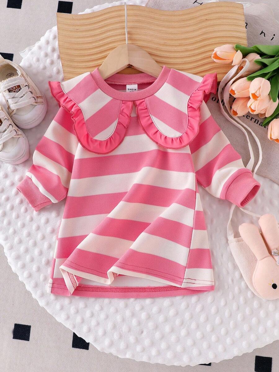 Elladie kids Baby Girls' Pink & White Striped Long Sleeve Dress With Big Collar, Cute Peter Pan Collar Casual Everyday Dress For Toddlers, Autumn/Winter Fall - Pink - View 1