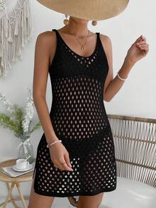SHEIN Swim Hollow Out Split Hem Cover Up Dress Without Bikini,Summer Beach - Black - View 5