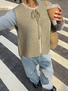 Siren Gaze Herbstoutfit für Frauen Wollweste mit Schnürung, die auf zwei Arten getragen werden kann: Wollweste mit Schlitz und Schleife vorne und hinten, gestrickte Weste