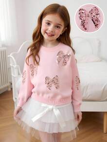 Souflis Souflis Young Girls' New Sparkly Sweaters - Stylish With Sequin Bows, Long-Sleeve, Loose & Versatile, Cute Knit Pullovers,Suitable For Autumn/Winter Fall - Pink - View 1