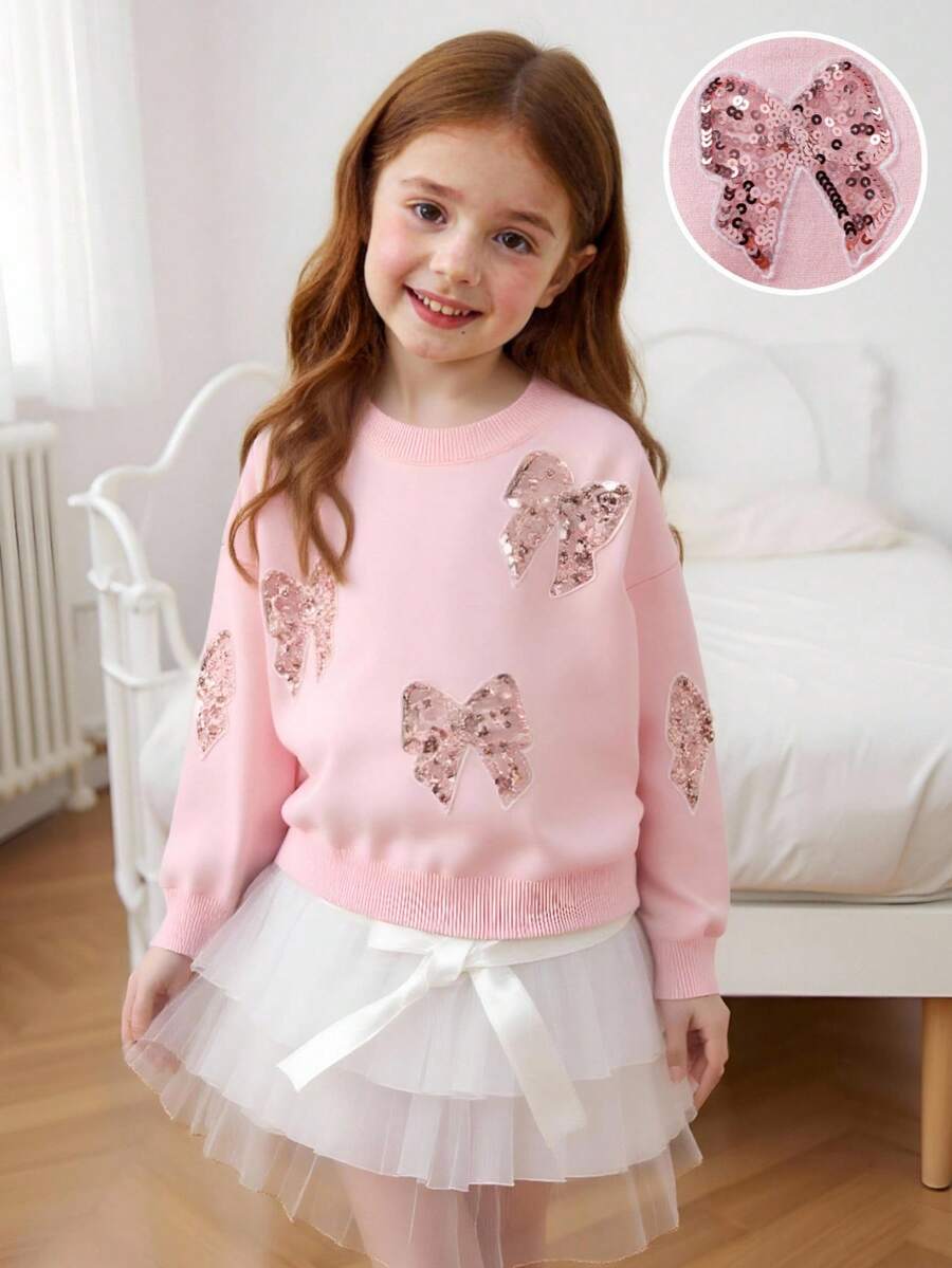 Souflis Souflis Young Girls' New Sparkly Sweaters - Stylish With Sequin Bows, Long-Sleeve, Loose & Versatile, Cute Knit Pullovers,Suitable For Autumn/Winter Fall - Pink - View 1