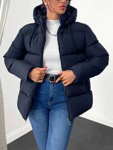 EURMUSE 女式纯色长袖拉链前口袋休闲连帽冬季夹克 - 藏蓝色 - 查看 3