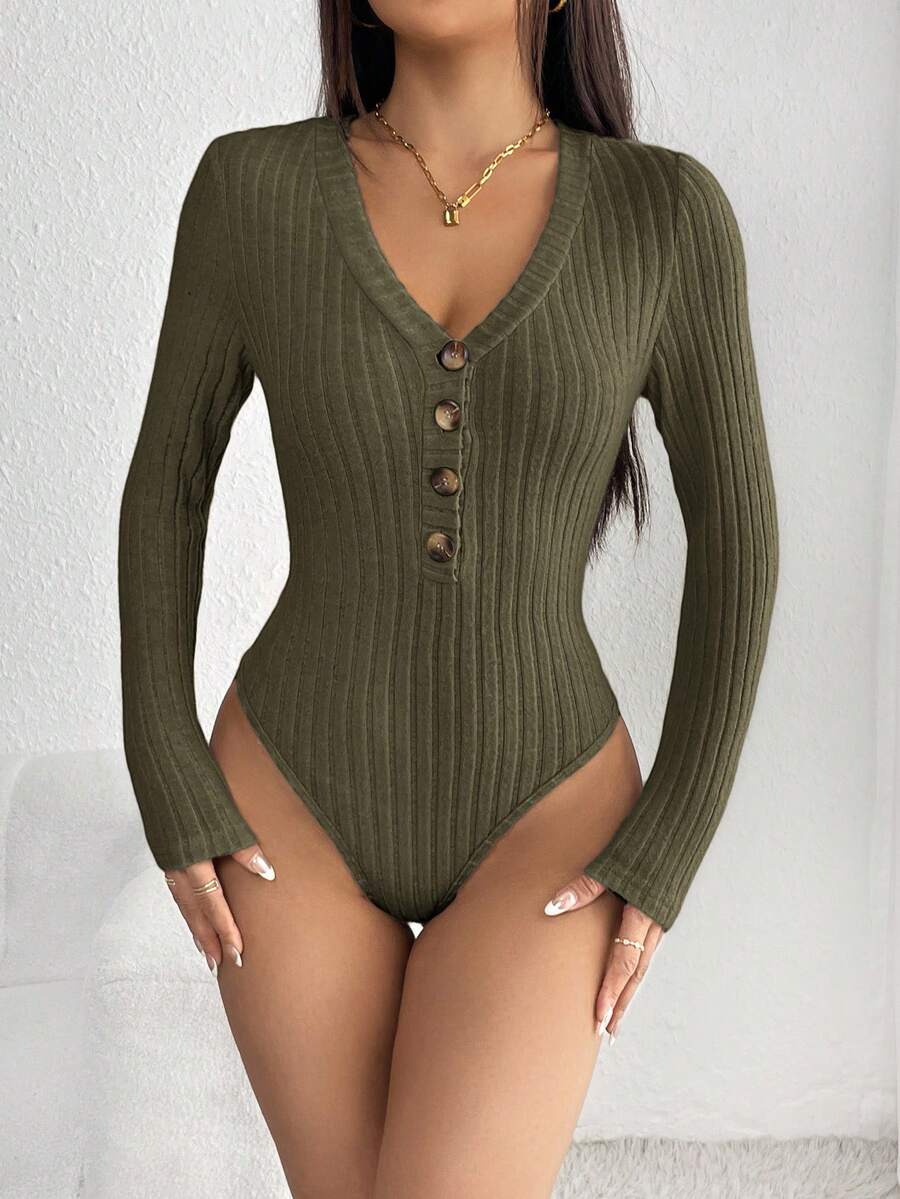 SHEIN PETITE 休閒純色長袖連身衣,秋季,小碼女款 - 墨綠色 - 查看 1