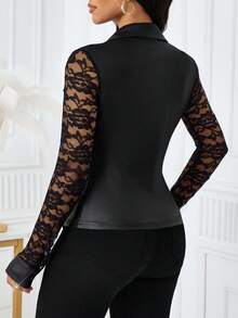 SHEIN Lady Áo thun nữ tay dài cài nút ren tương phản bằng da PU có túi nắp - màu đen - Xem 3