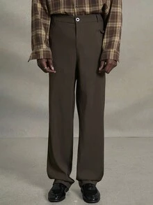 PAVTROS Hombres Pantalones de traje con diseño de botón con bolsillo oblicuo - Café integral - Ver 3