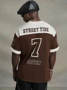 PAVTROS Men Summer Round Neck Short Sleeve Letter Printed Casual Jersey T-Shirt, Street Wear, Boyfriend Gift, Manfinity Hupemode Men Summer Casual Color Block Letter Print Short Sleeve T Shirt For Going Out For Friends, Street Wear Tops, Brown Jersey - Coffee Brown - View 2