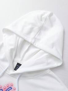 ROMWE MEN Street Life 男士休闲复古天使与字母印花抽绳连帽运动衫，适合春秋季 - 白色 - 查看 8