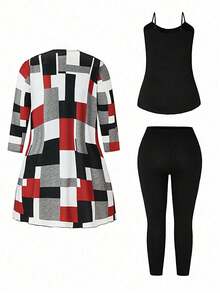 EMERY ROSE Conjunto de 4 piezas: Camiseta de tirantes de unicolor talla grande, pantalones, chaqueta con estampado geométrico - Multicolor - Ver 2