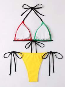 Swim SXY 撞色比基尼套裝後綁帶三角形文胸上衣和丁字褲2入組泳衣 - 彩色 - 查看 7