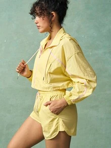 VARSIVA 2pcs/Set Women Casual Loose Long Sleeve Top And Drawstring Shorts Sportswear Set Yellow Two Piece Set Jacket And Shorts Set Yellow Shorts Women Yellow Activewear Two Piece Set Women Summer - Multicolor - View 5