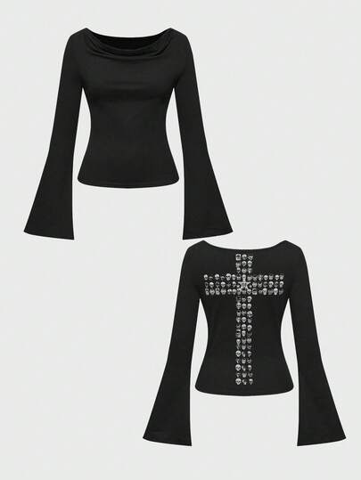 Grunge Punk Débardeur basique coupe slim pour femme avec imprimé tête de mort et croix punk