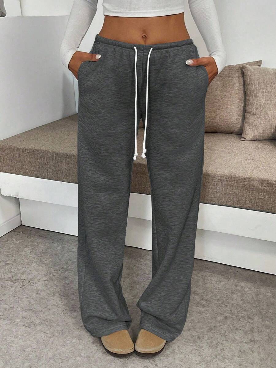 Flirla Tall 女款高腰寬腿褲,灰色秋季運動休閒居家抽繩彈性腰寬鬆舒適長褲,修身顯瘦,適合高個女性 - 深灰色 - 查看 1