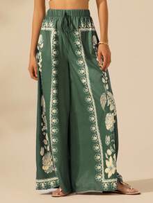 CAJUNI 女士波西米亚风热带植物印花长裤，休闲度假沙滩阔腿裤，夏季必备 - 綠色 - 查看 3
