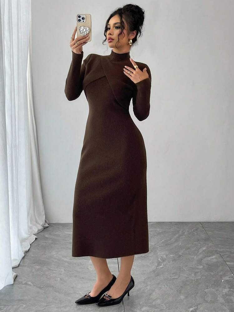 high neck cinched waist dress Livesso Women's Autumn Fitted Sweater Conscious closet