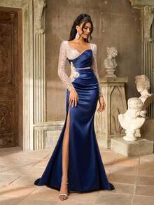 Aureia Váy dạ hội trang trọng thanh lịch, sang trọng, thêu sequin xanh lam, chắp vá, satin thủ công, chuỗi đá giả 3D, cổ tim, tay dài, voan xếp nếp gợi cảm, xẻ tà gợi cảm dành cho nữ - Màu xanh hải quân - Xem 3