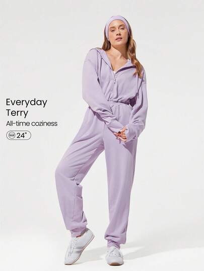 GLOWMODE 24" Everyday Terry Elastic Waist Butt-Lifting Zip-Up Hoodie Jumpsuit Bodysuit With Side Pockets Daily Casual Wear