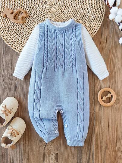 SHEIN Pelele casual de punto para bebé niño con cuello redondo y patrón de trenzas, otoño