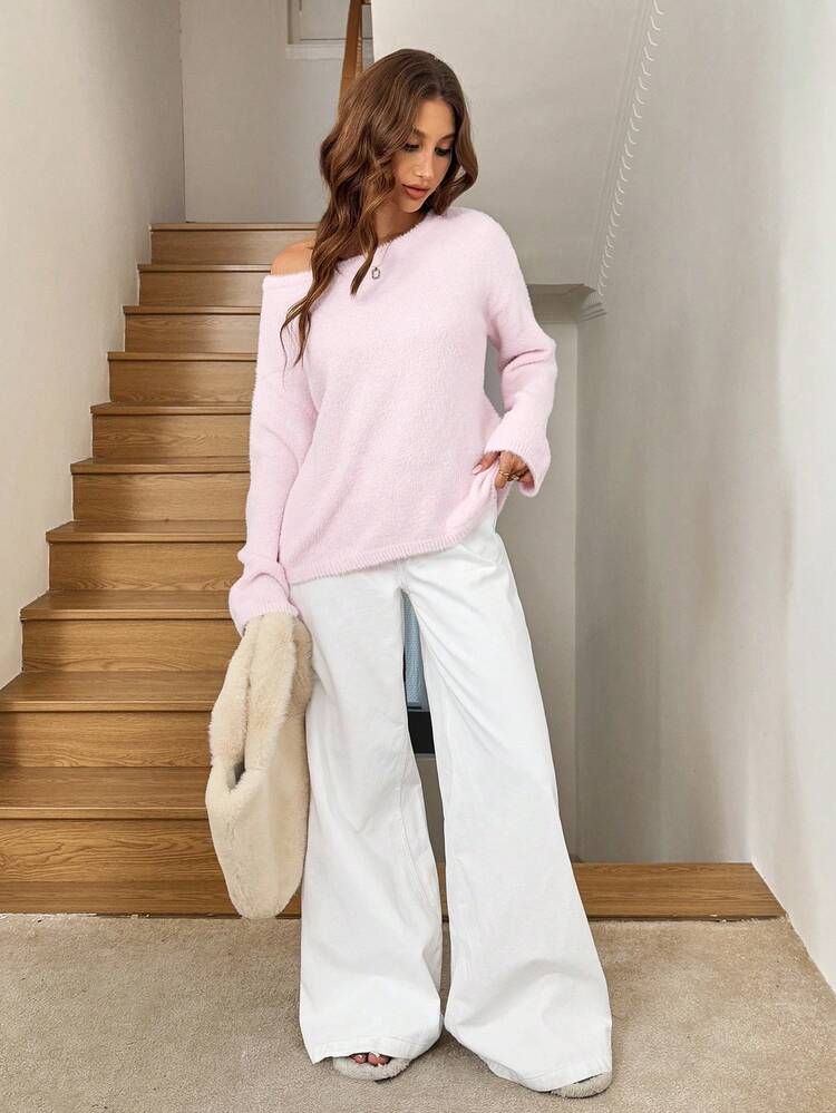 Easowa Nuevo suéter holgado y suave de punto esponjoso de estilo casual para otoño/invierno para mujeres - Rosa - Añade 5