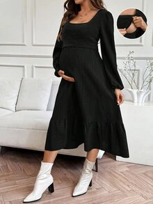 SHEIN 孕妇纯色方领灯笼袖休闲哺乳连衣裙