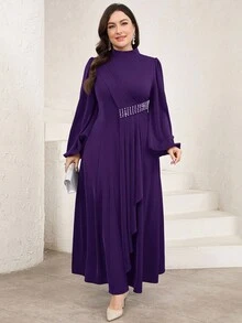 Veilorie 大码女式纯色立领灯笼袖腰部仿珍珠装饰优雅阿拉伯长裙 - 紫色 - 查看 3