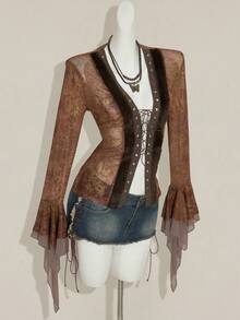 SHEIN ICON Women's Retro Sexy Bohemian Style Y2K Millennial Style Red Paisley Pattern Front Tie Splicing Wool Top Metal Eyelets Multi-Layered Ruffled Trumpet Sleeves See-Through Mesh Slim T-Shirt