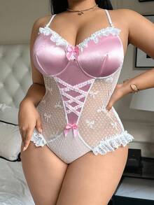 Bộ đồ lót liền thân ren lưới mỏng phối ren tương phản PetitDoll có dây đeo chéo nơ gợi cảm cỡ lớn - Nhiều màu - Xem 6