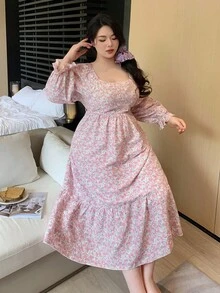 Dazy Plus Váy ngủ nữ cỡ lớn họa tiết hoa nhí dáng rộng thanh lịch cổ vuông, mùa đông, váy ngủ Moo Moo. - Hồng - Xem 6