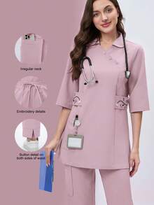 Scrubzie 不对称领刺绣长款制服上衣 - 藕粉色 - 查看 1