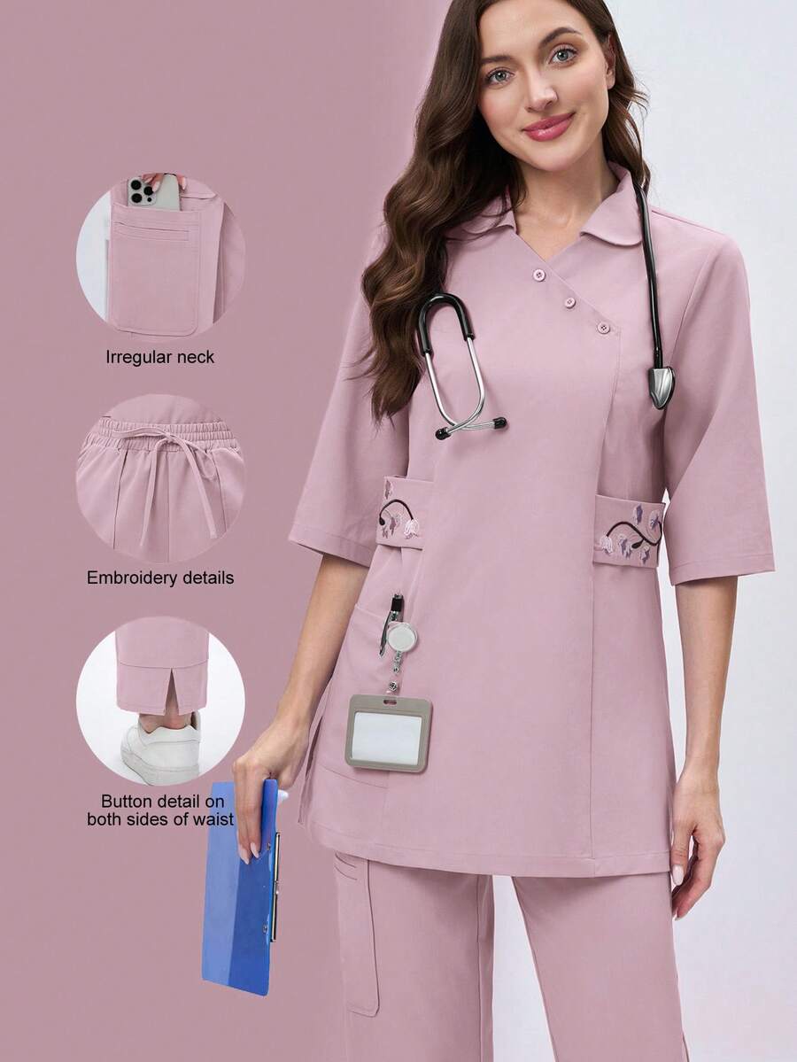 Scrubzie 不对称领刺绣长款制服上衣 - 藕粉色 - 查看 1