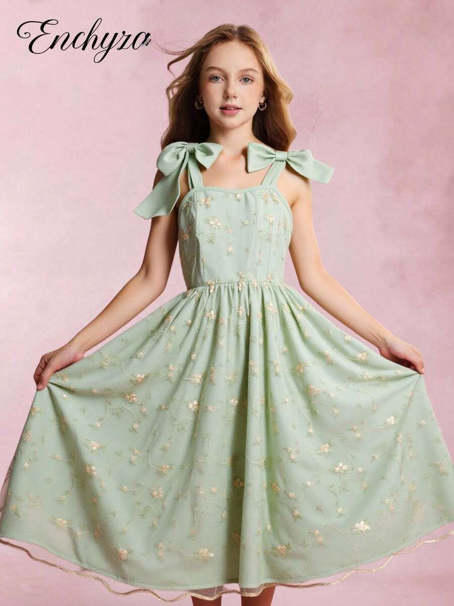 少女优雅纹理刺绣欧根纱连衣裙，时尚精致 - 綠色 - 查看 1