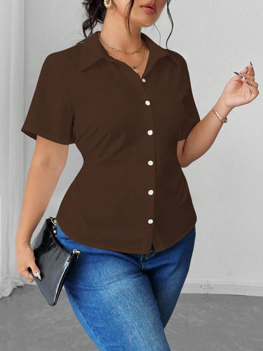 Elenzga 加大码白色修身腰部褶皱前开优雅办公室衬衫 - 棕色 - 查看 1